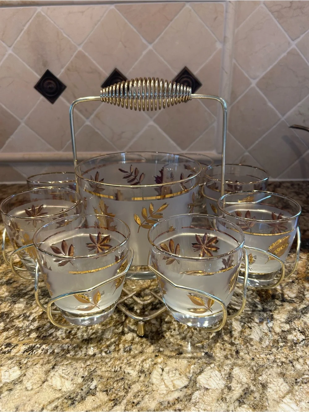 Vintage MCM Libbey Golden Foliage Set with 8 Glasses with Caddy & Ice Bucket.